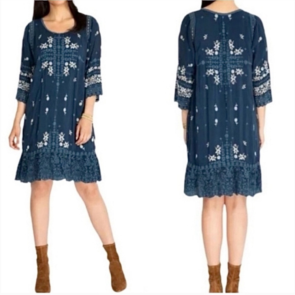 🦋 Johnny Was Abella embroidered 3/4 sleeve boho dress size L 🦋